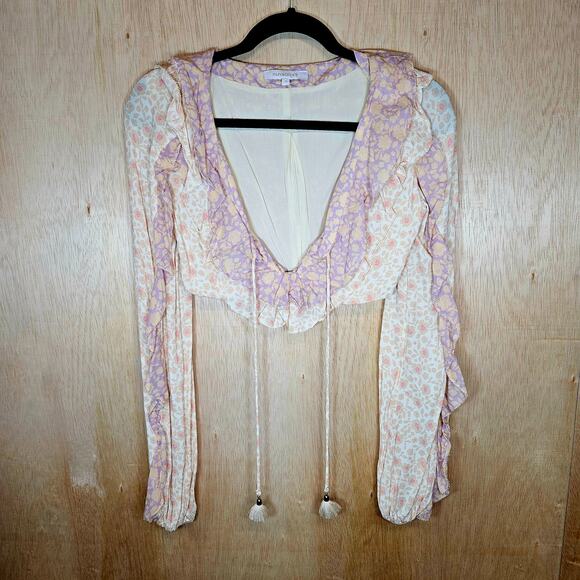 White/Pink/Purple/Peach Olivaceous Long Sleeve Floral Ruffle Crop Top Size Small - Picture 1 of 9